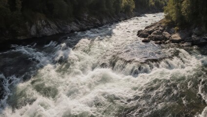 Aerial view of a river with rapids cascading through a rocky terrain, framed by trees