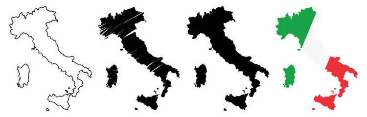  Italy map design set featuring minimalist silhouette, thin line art, and official green, white, and red flag colors. Perfect for travel branding, Italian culture, and navigation icons. 