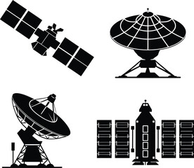 Satellite and Dish Antenna Silhouette Vector Set
