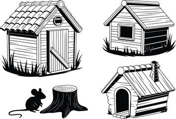 Wooden Doghouse, Garden Shed, and Mouse Silhouette Vector Icon Set