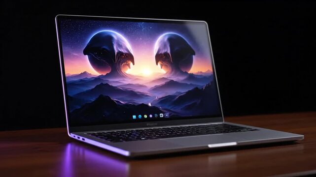 Futuristic alien landscape on modern laptop screen in dark room