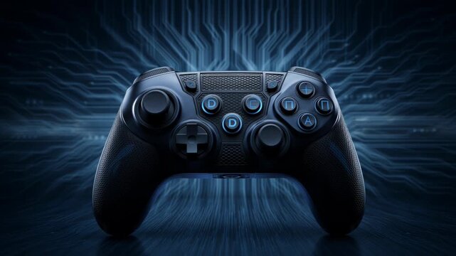 Futuristic Gaming Controller Pulsating with Dynamic Digital Circuitry and Blue Light