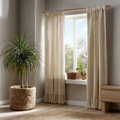 Fototapeta premium Cozy living room with a large plant and sunlit curtains