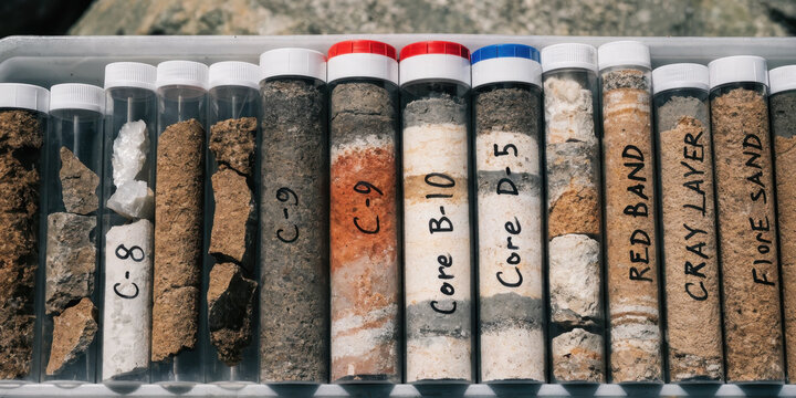 Close up view of extracted geological soil core samples stored inside clear plastic tubes with written labels