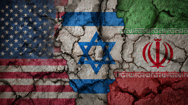 USA Israel and Iran flags painted on cracked wall with deep fissure for Middle East conflict concept