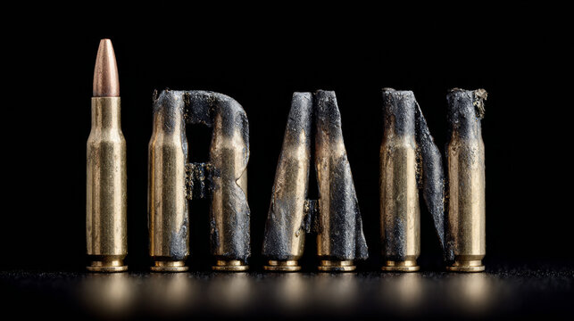 Word IRAN spelled out with rifle bullets and brass cartridges on black background