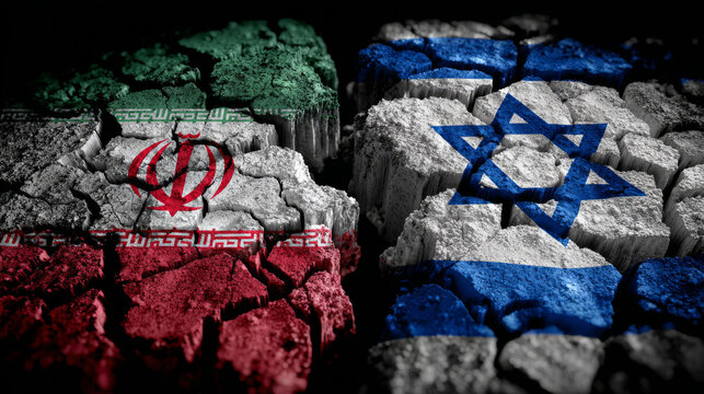 Iranian and Israeli flags painted on cracked rock face with dramatic split for conflict concept