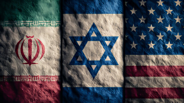 Three panels showing Iran Israel and USA flags on dark textured stone background side by side