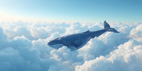 Fototapeta premium Surreal depiction of a whale swimming amidst fluffy clouds