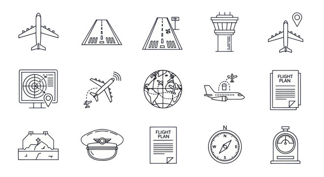 Aviation Icons Set: Airplane, Airport, Control Tower, Flight Plan, Compass