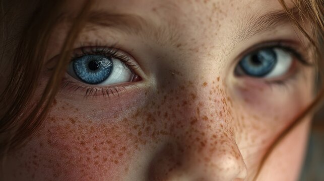 The child gazes directly at the viewer, showcasing captivating blue eyes surrounded by soft freckles. Natural light enhances the thoughtful expression in a tranquil atmosphere.