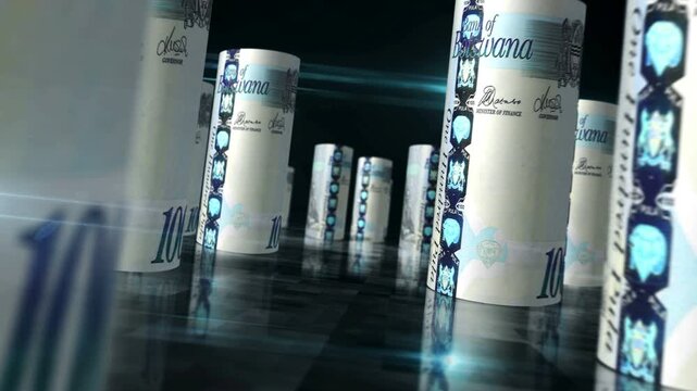 Botswana pula Botswanan money rolls loop 3d. Money on table. Seamless and loopable abstract concept of economy, finance and business. Camera between 100 BWP rolled banknotes.