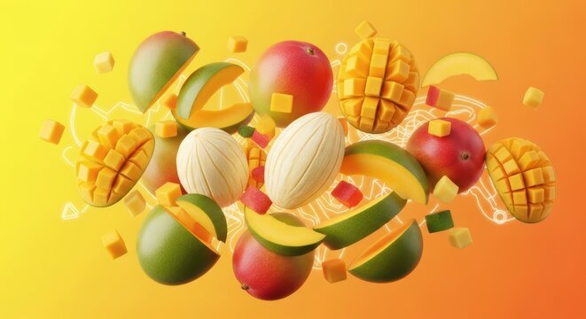 Fresh mango fruit slices and cubes levitating in mid-air on bright colorful background with mango chunks and pieces.