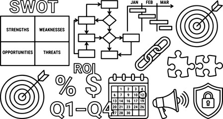 vector set of business strategy icons for planning, analysis, growth, and risk management in black and white