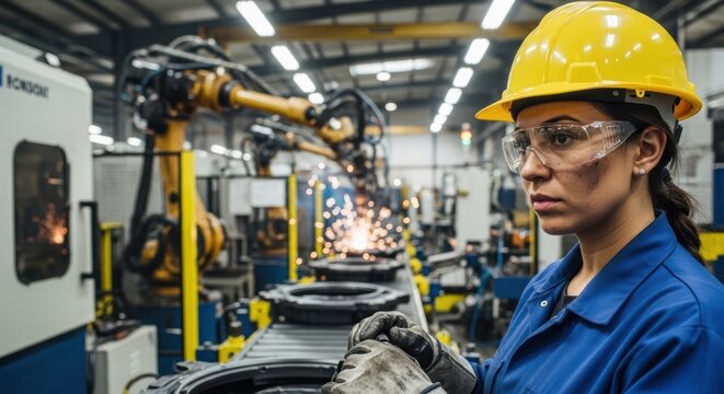 Female factory worker wearing safety gear and inspecting production line with robotic machinery in industrial manufacturing facility environment background.