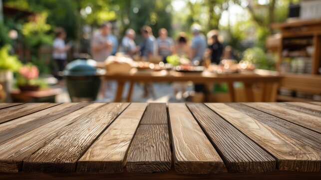 Empty Wooden Table With Blurred Backyard Barbecue Party Background, Empty Deck Table With Blurred Group of People at Holiday BBQ Party, Rustic Wooden Surface for Product Display for Independence Day