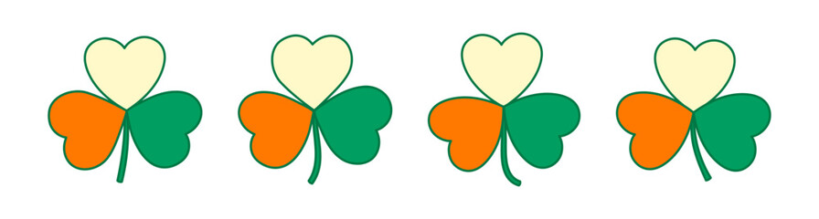 Fototapeta premium Irish flag colors shamrock, clover leaf illustration isolated set. Saint Patrick Day traditional design element, clip art. Hand drawn line art vector on transparent background. Holiday symbol
