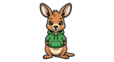 Fototapeta premium A cartoon kangaroo wearing a green hoodie sits upright on a plain white background with a cheerful expression.