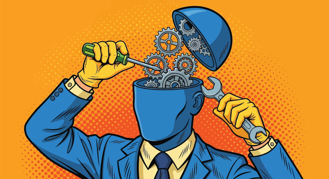 Comic-style illustration of a suited man repairing his head with tools and gears on an orange background with a pop art vibe.