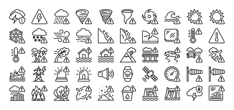 Collection of natural disaster and weather warning icons with attention symbols