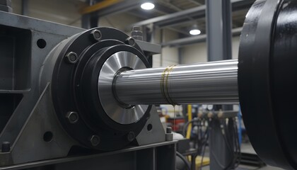 Industrial machinery with metal shaft and black components in factory setting