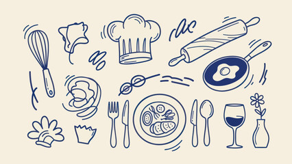Hand drawn kitchen utensils and food items doodle set. © dada