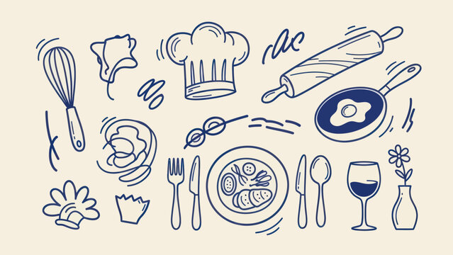 Hand drawn kitchen utensils and food items doodle set.