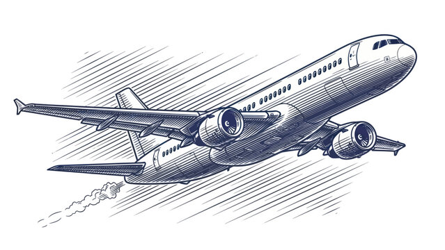Hand drawn sketch illustration of a commercial passenger airplane taking off for global travel.