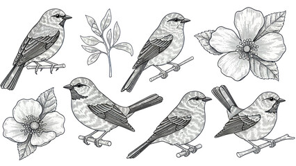 Hand-drawn sketch of various birds and blossoms, detailed illustration. © dada