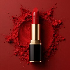 A red lipstick lies on a pile of red powder