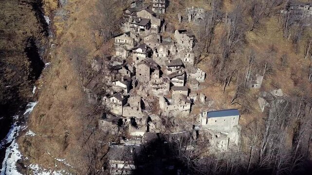 Narbona, Italy - Ruin of an old abandoned village in Piedmont, old town aerial panorama, travel, trekking, tourism, emotional, cinematic
