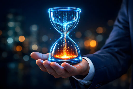 Businessman hand holding glowing digital hourglass symbolizing data flow and time management