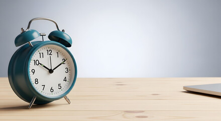 Naklejka premium Teal alarm clock sitting on wooden office desk near computer laptop symbolizing time management