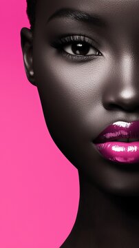 Beauty portrait female model with glossy pink lipstick on vibrant pink background for editorial makeup campaign and commercial advertisement