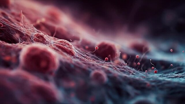 Microscope cell tissue fiber biology medical closeup with blood red cells, bacteria biofilm, cellular surface network, floating particles, inflammation pathology research, abstract biomedical texture