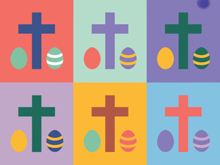Six vibrant pop art style panels feature Christian crosses paired with decorated Easter eggs against colorful.