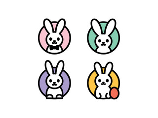 Four colorful cartoon rabbit icons are displayed in circular frames for holiday design elements.
