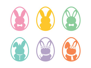 Six decorative Easter eggs feature colorful bunny silhouettes cutout inside the oval shape for a festive greeting.