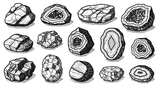 Collection of Hand-Drawn Geodes and Mineral Rocks in Various Shapes and Sizes.