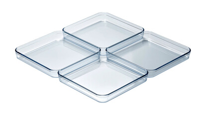 Four clear, square, glass dishes arranged as a diamond