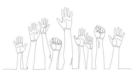 Obraz premium Continuous line drawing of raised hands in various gestures.