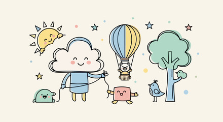 Naklejka premium Cute cartoon cloud character with friends on a whimsical adventure.