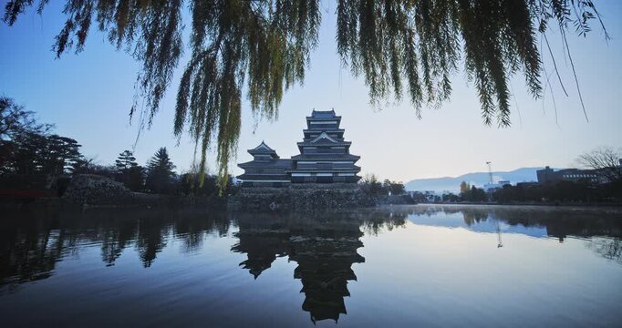 Rippling pond reflecting 16th century crow castle in Japan at dusk