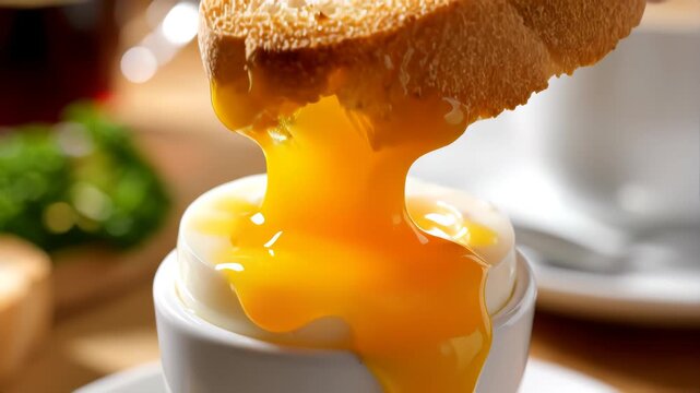 Close up of fresh crispy bread crouton dips in soft-boiled egg in egg cup. Chicken yolk flows down egg. Breakfast concept. Food background
