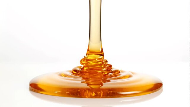 Honey dripping, pouring, flowing over white background. Close-up. Healthy organic liquid sweet sticky honey dipping, isolated on white, closeup. Slow motion 