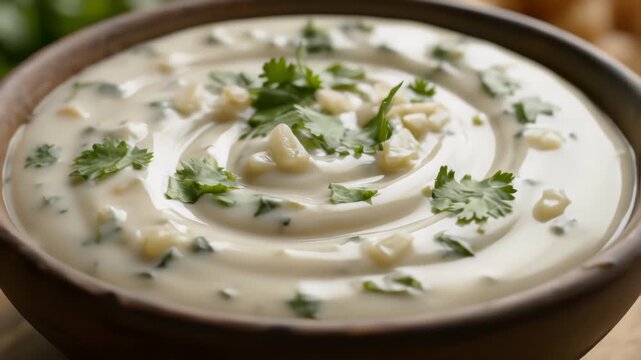 Creamy homemade garlic cilantro dipping sauce texture circle rotation close up