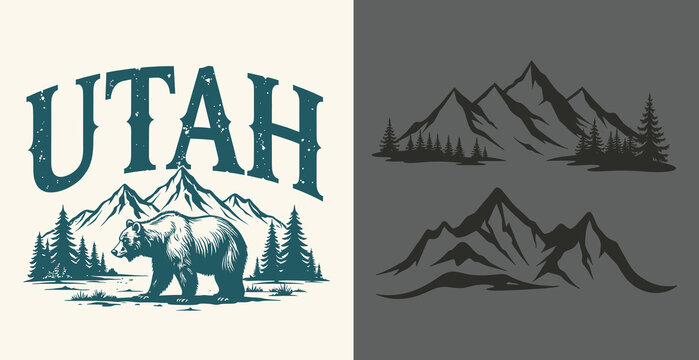 Utah mountains bear illustration with trees and outdoor scenery