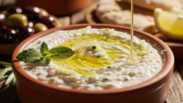 Greek Tzatziki sauce of salted strained yogurt or diluted yogurt mixed with cucumbers and mint, garlic, salt, olive oil on top.