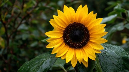 Fototapeta premium Vibrant yellow blossom displays brilliant color against a dark green leafy background