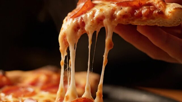 A close-up shot of a hand lifting a slice of pepperoni pizza, showcasing the long, gooey strings of melted mozzarella cheese stretching from the main pie.